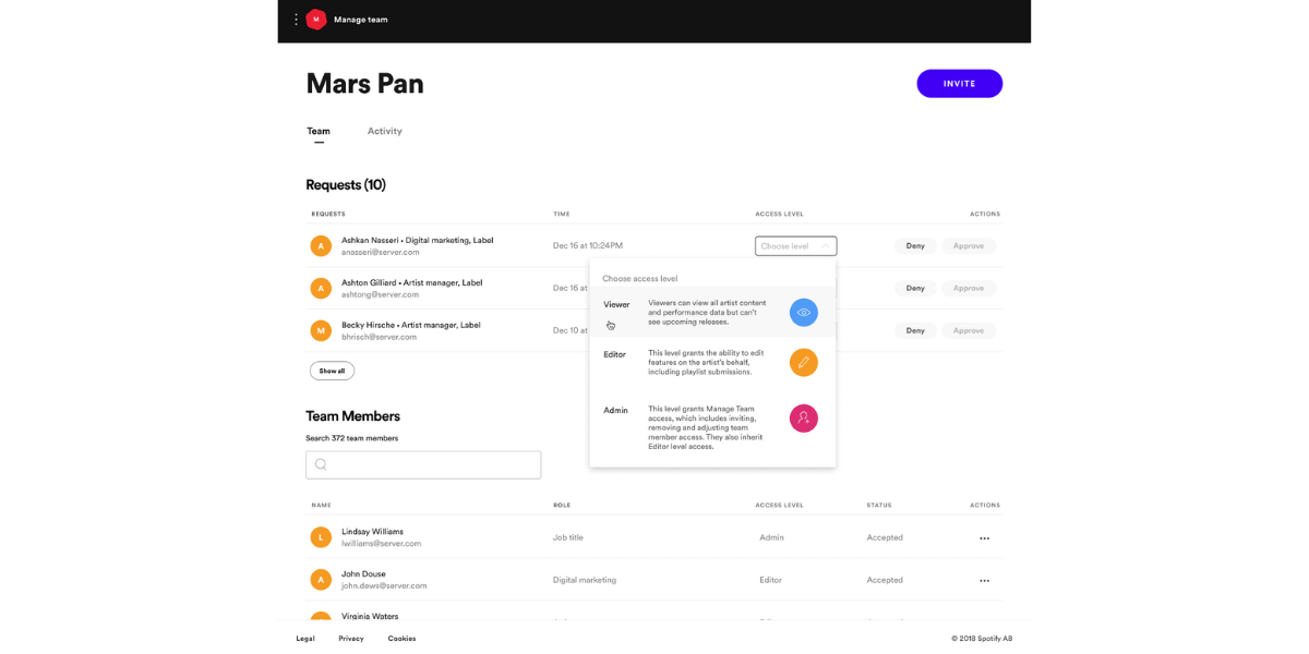 Spotify for Artists. Request to teams approval process